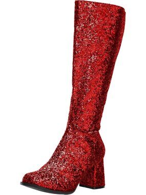 🆕Women's Dark Red Glitter Gogo Boots 60s 70s Disco Block Heel Shoes